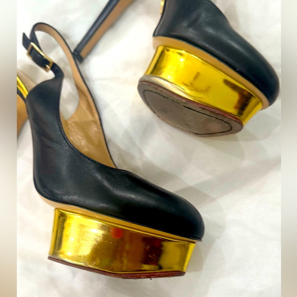 Black Leather DOLLY Gold Platform Slingback Pumps - Picture 5 of 11